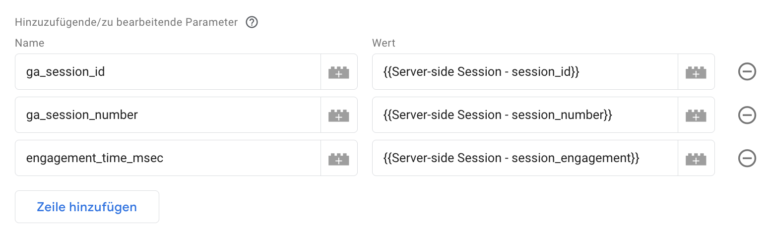 Screeshot der Parameter, die dem GA4-Event auf dem Server hinzugefügt werden